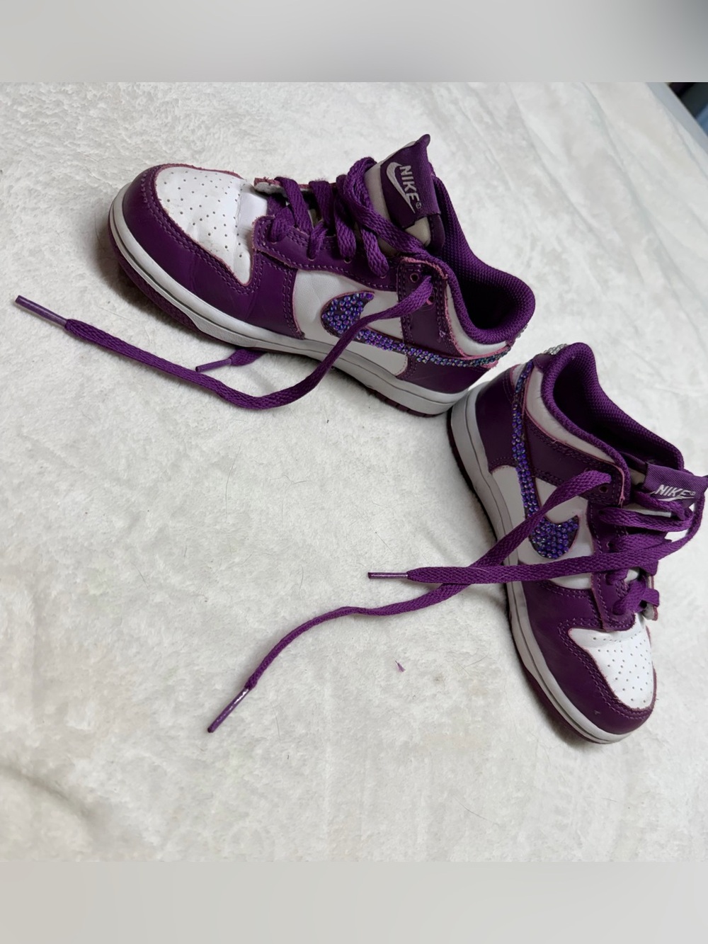Nike Dunk Low Kids 12C Purple White Custom Rhinestone Crystal Sneakers